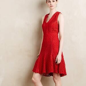 ANTHROPOLOGIE San & Soni Red Lace Eyelet Lined Cotton Dress | 2
